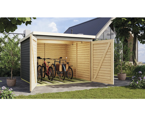 Fahrradgarage aus Holz mit geöffneten Türen und Fahrrädern