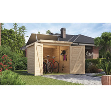 Holzgartenhaus mit Fahrrädern und Gartengeräten