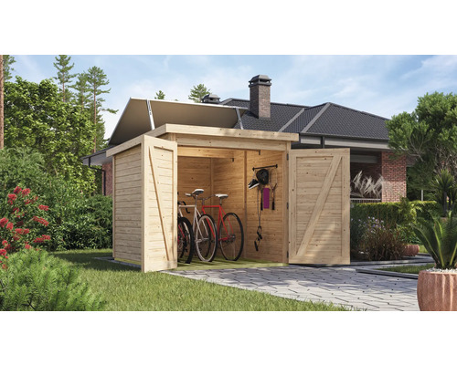 Holzgartenhaus mit Fahrrädern und Gartengeräten