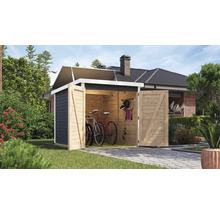 Holzgartenhaus mit Fahrrädern und Gartengeräten im Innenraum