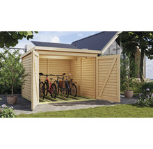 Offene Holzhütte mit Fahrrädern zur Aufbewahrung im Garten