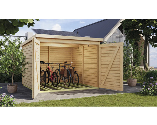Offene Holzhütte mit Fahrrädern zur Aufbewahrung im Garten