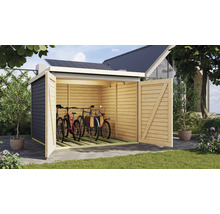Fahrradgarage aus Holz mit geöffneten Türen und Fahrrädern