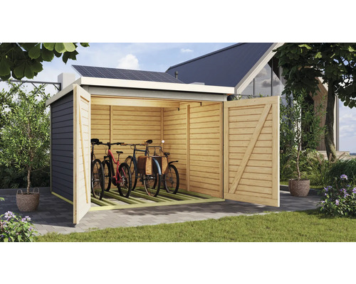Fahrradgarage aus Holz mit geöffneten Türen und Fahrrädern