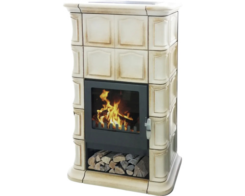 Kaminofen Domofire Wels Keramik braun 8 kW mit Wärmespeicher und Holzfach Kaminofen mit Holzfach und Fliesenverkleidung