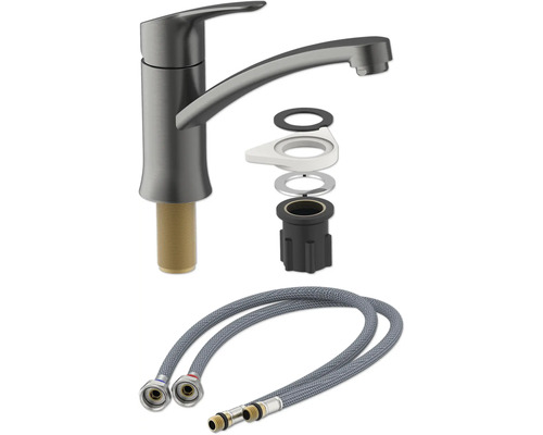 Küchenarmatur mit Montagezubehör und flexiblen Anschlussschläuchen