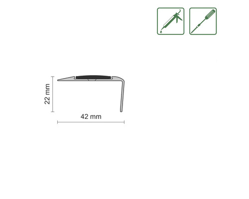 Profil mit den Maßen 22 mm und 42 mm, geeignet für die Montage mit Klebstoff oder Schrauben.