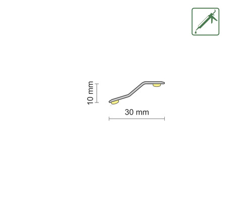 Profilleiste mit den Maßen 10 mm mal 30 mm, Symbol für Montage mit Klebstoff