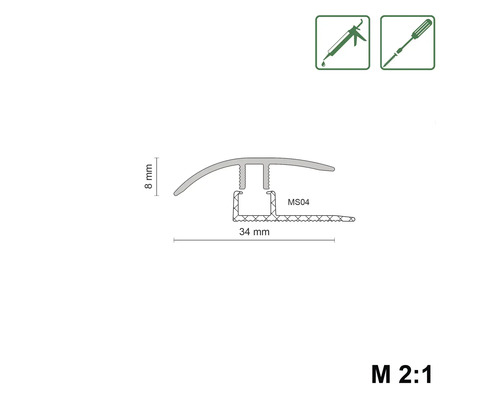 Profilleiste Querschnitt mit den Maßen 8 mm Höhe und 34 mm Breite