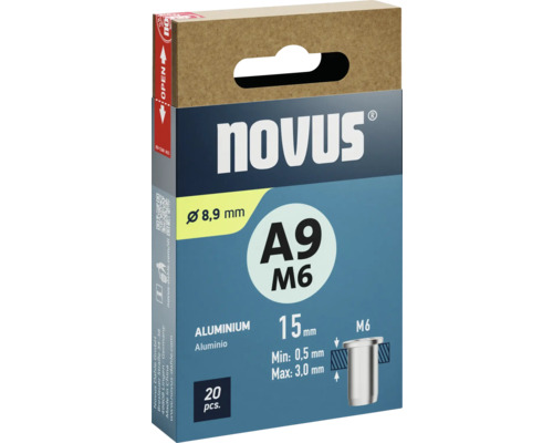 Novus A9 M6 Blindnieten aus Aluminium, 8,9 Millimeter Durchmesser, 15 Millimeter Länge, 20 Stück