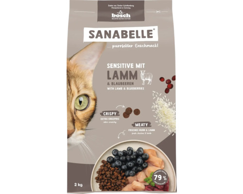 Katzenfutter trocken Sanabelle Sensitive mit Lamm 2 kg und Blaubeeren für ernährungssensible Katzen mit empfindlichem Magen Sanabelle Sensitive mit Lamm und Blaubeeren Katzenfutter im 2 Kilogramm Sack