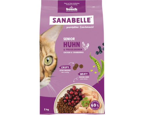 Katzenfutter trocken Sanabelle Senior Huhn 2 kg Sanabelle Senior Huhn und Preiselbeeren Katzenfutter, 2 kg Packung.