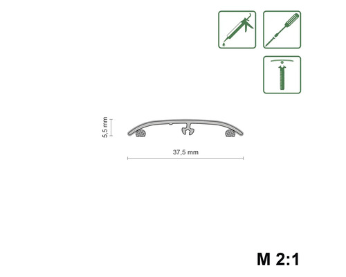 Profilquerschnitt mit Maßen 37,5 mm und 5,5 mm, sowie Symbole für Anbringung mit Pistole, Schraubendreher und Schraube.
