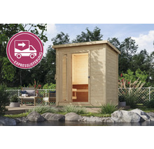 Außensauna aus Holz mit geöffneter Tür und Expresslieferung