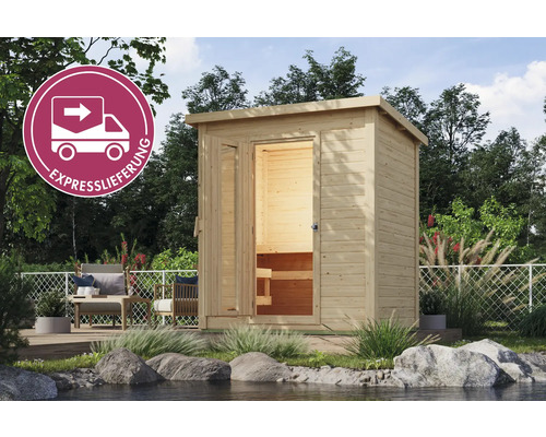 Saunahaus Karibu Talos 1 inkl. 9 kW Ofen u.ext. Steuerung ohne Vorraum mit Holztür und Isolierglas Holzsauna im Außenbereich mit geöffneter Tür und Expresslieferung