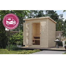 Gartensauna aus Holz mit geöffneter Glastür und Expresslieferung-Symbol