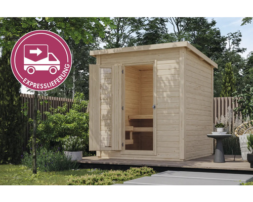 Saunahaus Karibu Talos 2 inkl. 9 kW Ofen u.ext. Steuerung ohne Vorraum mit Holztür und Isolierglas Holzsauna im Garten mit geöffneter Tür und Expresslieferung Symbol