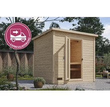 Gartensauna aus Holz mit offener Tür und Expresslieferung