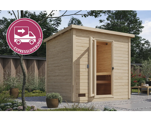 Gartensauna aus Holz mit offener Tür und Expresslieferung