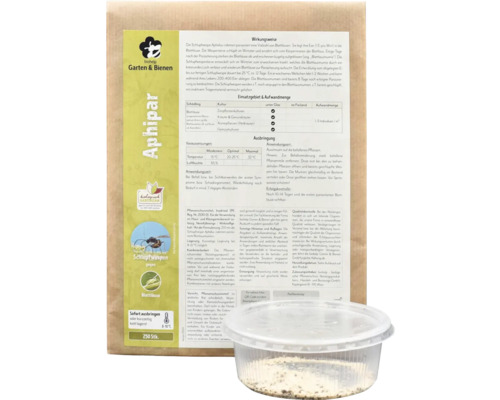Aphipar Nützlinge gegen Blattläuse in einer transparenten Dose mit Produktinformationen auf der Verpackung.