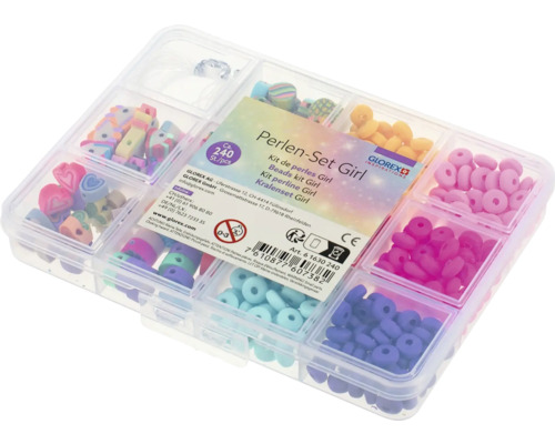 Perlen-Set Girl mit verschiedenen Formen und Farben in einer Sortierbox
