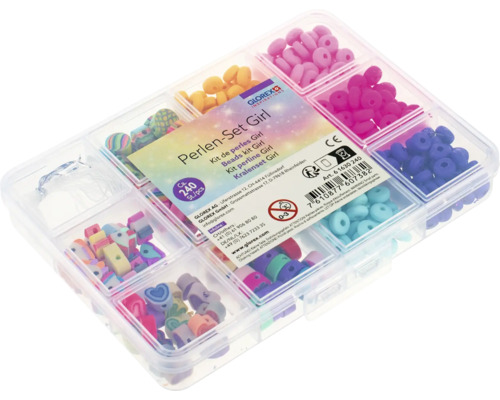 Perlen-Set für Mädchen in einer transparenten Kunststoffbox mit mehreren Fächern