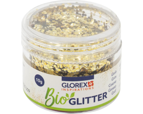 Glas mit grobem, goldenem Glorex Bio Glitzer, 10 Gramm