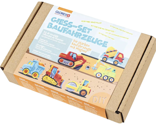 Glorex Gieß-Set Baufahrzeuge in einer braunen Pappschachtel