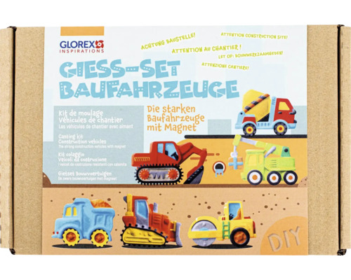 Glorex Gieß-Set Baufahrzeuge, ein Bastelset zum Gießen von Baufahrzeugen mit Magnet