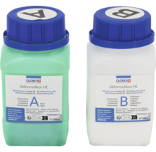 Zwei Flaschen Abformsilikon HE von Glorex, Komponente A und Komponente B, jeweils 250 Gramm