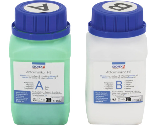 Zwei Flaschen Abformsilikon HE von Glorex, Komponente A und Komponente B, jeweils 250 Gramm