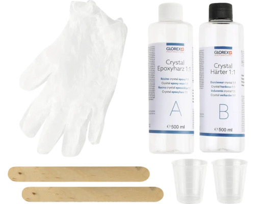Glorex Crystal Epoxidharz Set mit Handschuh, Rührstäben und Messbechern