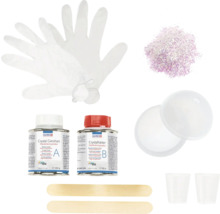 Glorex Gießharz Set mit Gießharz, Härter, Handschuhen, Mundschutz, Bechern, Rührstäben und Glitzer