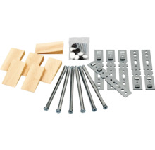 Montagematerial-Set mit Dübeln, Schrauben, Abdeckkappen, Holzkeilen und Metallwinkeln