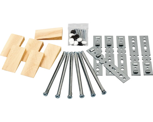 Montagematerial-Set mit Dübeln, Schrauben, Abdeckkappen, Holzkeilen und Metallwinkeln