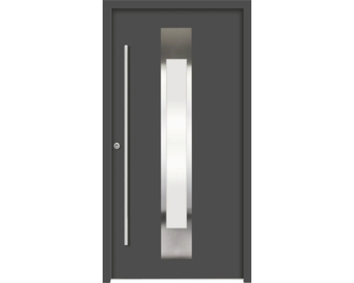 Graue Haustür mit Glaseinsatz und Griffstange
