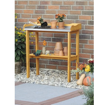 Gartentisch mit Arbeitsfläche aus Metall, Ablage und Gartenzubehör.