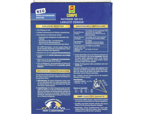 COMPO Buchsbaum und Ilex Langzeit-Dünger Produktverpackung mit Anwendungs-Empfehlung
