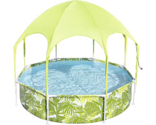 Runder Pool mit Sonnenschutz und Pflanzenmuster