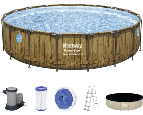 Aufstellpool Framepool-Set Bestway Power Steel™ rund Ø 488x122 cm inkl. Kartuschenfilteranlage, Leiter und Abdeckplane braun/blau-weiß Bestway Frame Pool Set mit Filterpumpe, Leiter und Abdeckung