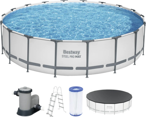 Aufstellpool Framepool-Set Bestway Steel Pro MAX™ rund Ø 549x122 cm inkl. Kartuschenfilteranlage, Leiter und Abdeckplane grau/blau-weiß Bestway Steel Pro Max Frame Pool Set mit Filterpumpe, Leiter und Abdeckung