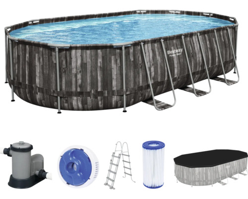 Aufstellpool Framepool-Set Bestway Power Steel™ oval 610x366x122 cm inkl. Kartuschenfilteranlage, Leiter und Abdeckplane grau/weiß-blau Bestway Power Steel Framepool Set mit Filterpumpe, Leiter und Abdeckung