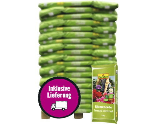 Blumenerde FloraSelf 120x20 L (= 2,4 m³) Palette inkl. Lieferung Stapel Blumenerde mit FloraSelf Logo und inklusive Lieferung