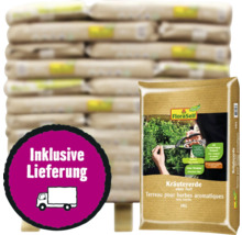 Stapel Erdsäcke und ein einzelner Sack FloraSelf Kräutererde mit Liefersymbol