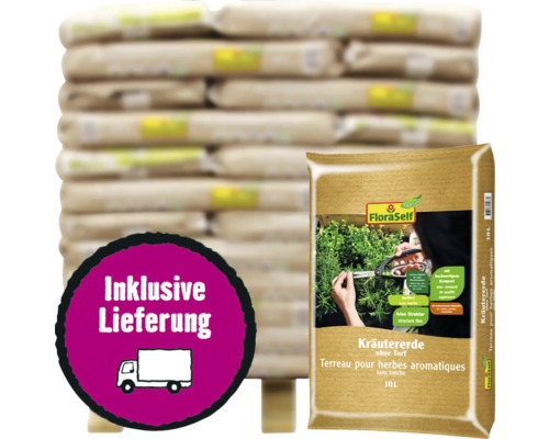 Kräuter- & Anzuchterde ohne Torf FloraSelf Nature 60x10 L (=0,6 m³) Palette inkl. Lieferung Stapel Erdsäcke und ein einzelner Sack FloraSelf Kräutererde mit Liefersymbol