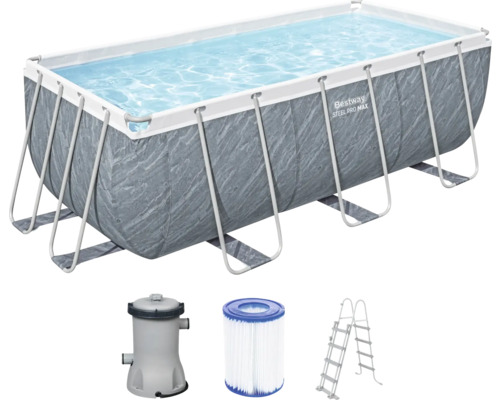 Aufstellpool Framepool-Set Bestway Steel Pro MAX™ eckig 412x201x122 cm inkl. Kartuschenfilteranlage und Leiter grau/blau-weiß Bestway Frame Pool Set mit Filterpumpe, Filterkartusche und Leiter