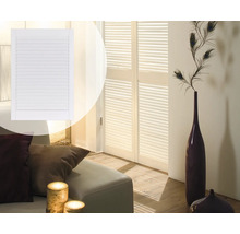 Zimmer mit weißen Fensterläden, Sofa, Kissen und Dekoration