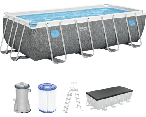 Aufstellpool Framepool-Set Bestway Steel Pro MAX™ eckig 488x244x122 cm inkl. Kartuschenfilteranlage, Leiter und Abdeckplane grau/blau-weiß Bestway Framepool-Set mit Filterpumpe, Leiter und Abdeckung