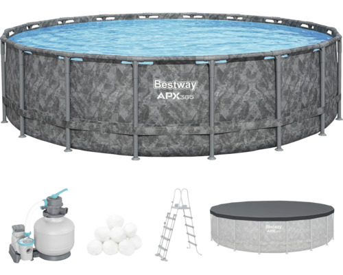 Bestway APX365 Frame Pool Set mit Sandfilterpumpe, Poolleiter, Poolabdeckung und Chemikalienspender