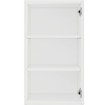 Innenansicht eines weißen Badezimmerschranks mit zwei Regalböden und Beschlägen